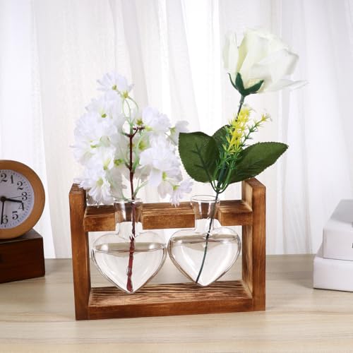 Jarrones de vidrio con forma de corazón jojofuny y soporte de madera retro 7