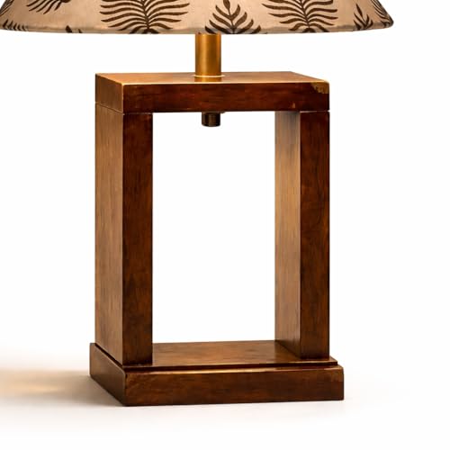 Image of tu casa Mango Wood Table Lamp | Cobra Saffron Print Satin Shade Bedside Lamp for Bedroom Living Room Study | Decorative Wooden Home Decor Lighting & Gifting