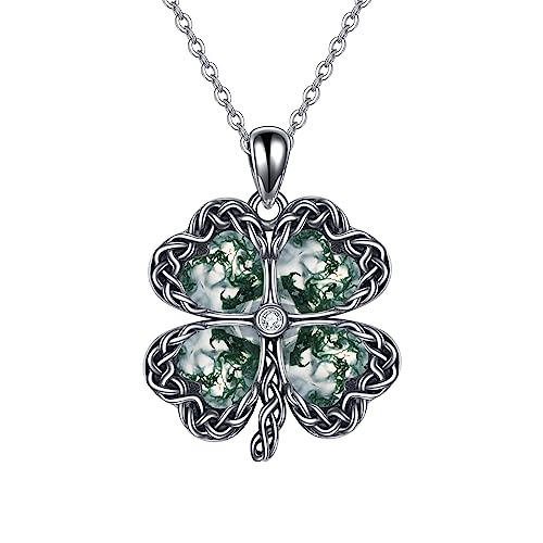 YAFEINI Clover Necklace Moonstone/Moss Agate Sterling Silver Shamrock Pendant Mothers Day for Women Mom