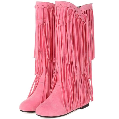 GUNIYIFS Womens Cowboy Boots Mid Calf Fringe Western Boots for Women Round Toe Fashion Hidden Tassel Heel Knee-high Snow Boots2