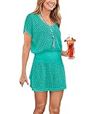 Bsubseach Women Hollow Out Beach Bathing Suit Cover Ups Short Sleeve V Neck Bikini Vacation Tunic Dress Green