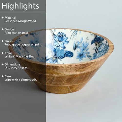 Image of SAAGA Mango Wood Salad Bowl | 10 x 4 Inch Large Wooden Mixing & Serving Bowl for Salads, Fruits, Vegetables & Snacks | Handcrafted Kitchen & Dining Bowl | White & Mazarine Blue