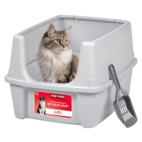 IRIS USA Large Cat Litter Box with Scatter Shield and Scoop, Open Top High Sided Cat Litter Pan, Silver