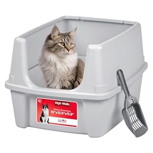 IRIS USA Cat Litter Box Large Open Top with High Sided Walls Tall Scatter Shield Scoop Included Easy Clean Plastic Pan Stain Resistant for Big Cats Kittens Indoor Multi-Cat Households