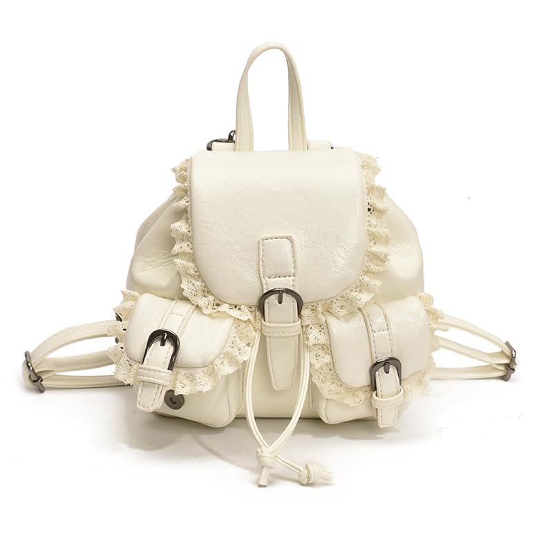 Mini Backpack Purse with Lace Trim, Faux Leather, Drawstring Closure, Fashionable and trendy school-style backpack (White)