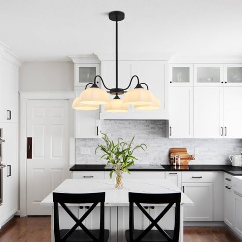 Image of Vintage Black Sputnik Chandelier 5-Light Metal Semi Flush Mount Chandelier Fixture with White Dome Glass Shade Modern Ceiling Pendant Lights for Living Room Bedroom