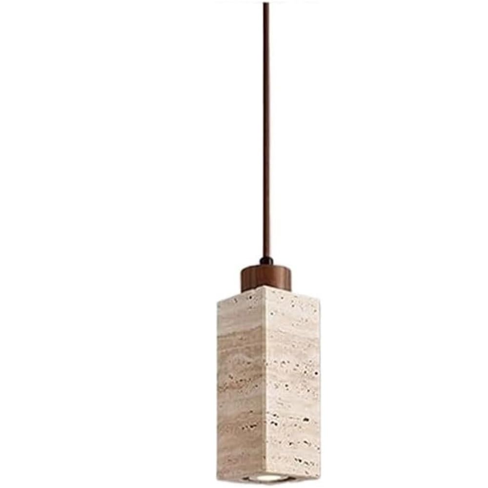 LYMSXAZOU Modern Cylindrical Pendant Light Yellow Travertine Stone and Wood Accent Ceiling Hanging Lamp Rectangular for Kitchen Island Bedside Hallway(Square)