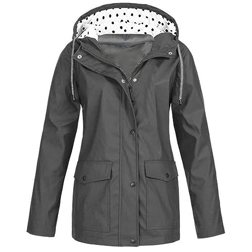 Shffuw Chaqueta Lluvia Mujer Mujer Primavera Abrigo de carga con capucha y cordón de bolsillo doble con botón de cremallera informal de de color sólido para Chaqueta Impermeable Mujerabrigo (Grey, M)