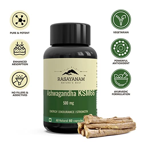 Rasayanam Ashwagandha KSM-66 (500 mg) | Extra Strength Natural Formulation | Support strength & energy | Withania Somnifera Extract - 60 Vegetarian Capsules - Image 3