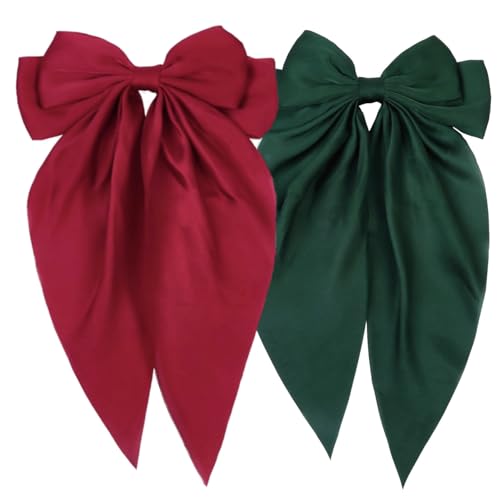 Tobeffect Hair Clips, Hair Bows for Women Girls Silky Satin Big Bowknot Hair Clips Red Green, Hair Accessories, 2 Count