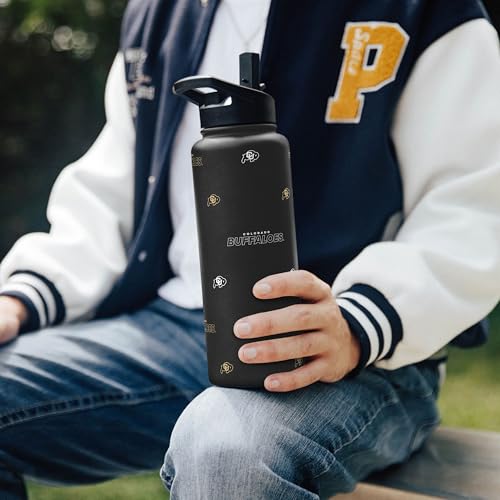 Image of Logo Brands NCAA Colorado Buffaloes Step & Repeat 34 oz Stainless Steel Quencher Bottle - All Over Logo Design, No-Spill Lid, Easy Carry Handle - Keeps Drinks Cold For Hours