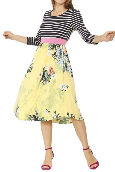 Image of Eloges Women's 3 /4 Sleeve Contrast Waist Band Floral Curved Hem Midi Dress