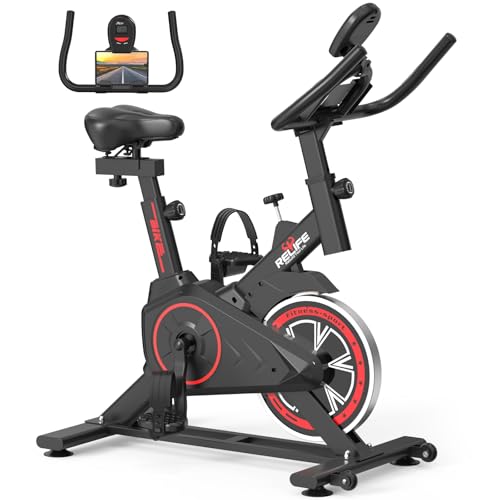RELIFE REBUILD YOUR LIFE Exercise Bike Stationary for Home Indoor,Cycling Bike with Silent Belt Drive for Home Cardio,Brake Pad Resistance with djustable & Comfort Seat/PAD Holder/LCD Monitor.