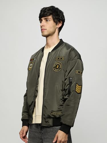 Image of The Souled Store Bomber Jacket: Souled Army Men and Boys Long Sleeves Band Collar Zipper Front Olive Embroidered Polyester Oversized Puffer Jackets