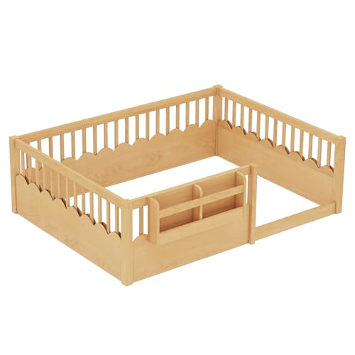 Image of Bellemave Full Size Kids Montessori Floor Bed,Solid Wood Floor Bed Frame with Bookshelf and High Fence for Kids,Girls,Boys,Natural
