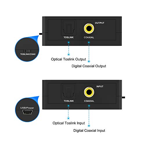 Portta Audio Convertisseur Numérique SPDIF Optique Coaxial Toslink vers Numérique SPDIF Optique Coaxial Toslink Adaptateur Bidirectiontionnel 2 Port 2 x Entrées à 1 x Sortie pour