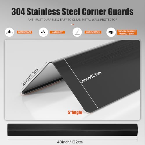 Image of 2x2x48 Inch 304 Stainless Steel Wall Corner Guards (10-Pack) Heavy Duty Rounded Corner Protector, Smooth Folded Edge Design for Wall Protection Black Guard Stainless Steel Slab