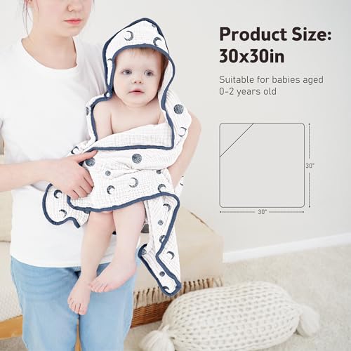 Image of Susurration Hooded Baby Towels for Newborn 2 Pack 100% Muslin Cotton Towel for Babies，Highly Absorbent and Newborn Essential 30x30 Inch Moon&Royal Blue