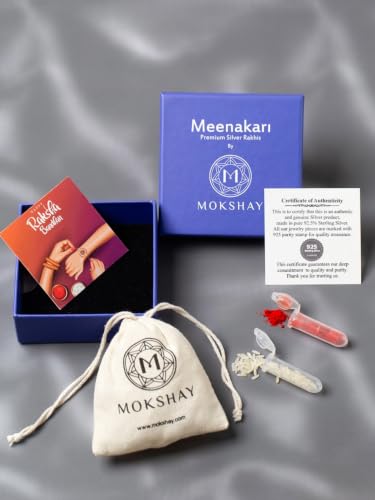 Image of Meenakari Pure 925 Sterling Silver Bead Rakhi set with Roli Chawal and Rakshabandhan Greeting Card For Brother /Men /Unisex