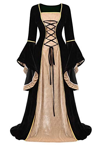 Jutrisujo Renaissance Femmes Robes Médiévale Velours Manches Longues Parti Costume Déguisements Halloween De Mariée Gothique Noir M