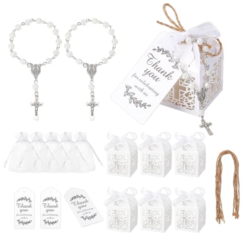 PH PandaHall 120pcs Coffret de Cadeaux de Baptême Chapelet Bracelets de Fausses Perles avec Organza Sacs Papier Boîtes et Merci Étiquettes pour Baptême...