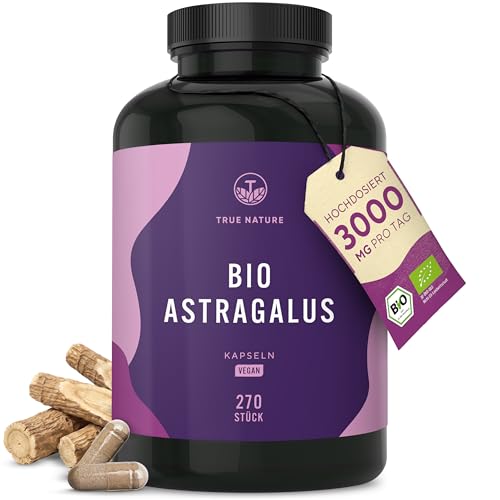 Bio Astragalus - 270 Kapseln hochdosiert - 3000mg reinem Bio Tragant pro Tag - mit Polysacchariden - Hergestellt & laborgeprüft in DE - Vegan ohne Zusätze - TRUE NATURE