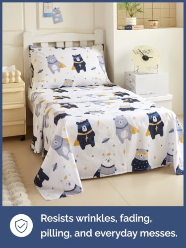 Image of Kids Twin Size Bear Bed Sheets - 3 Piece Kids Bear Sheet Set - Comic Hero Bedding - Ultra-Soft, Cute & Cozy - Breathable & Machine Washable - Wonderful Brave Bed Set for Boys, Girls, Teens & Toddlers