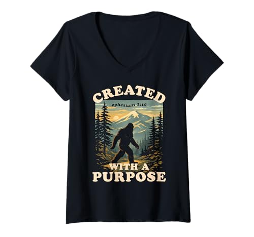 Women's Christian Bigfoot Created with A Purpose Ephesians 2 10 V-Neck T-Shirt