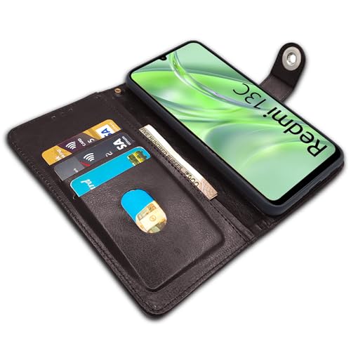 Image of Pikkme Redmi 13C 4G | Poco C65 Flip Cover Leather Finish | Inside TPU with Card Pockets | Wallet Stand and Shock Proof | Complete Protection Button Flip Case (Coffee)