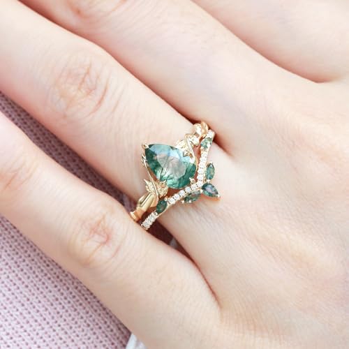 1.5 Carat Moss Agate Wedding Ring Set for Women - Pear Cut Moss Agate Bridal Sets Wedding Rings White Yellow Rose 10K 14K 18K Gold Vintage Leaf Anniversary Promise Ring Set for Her2