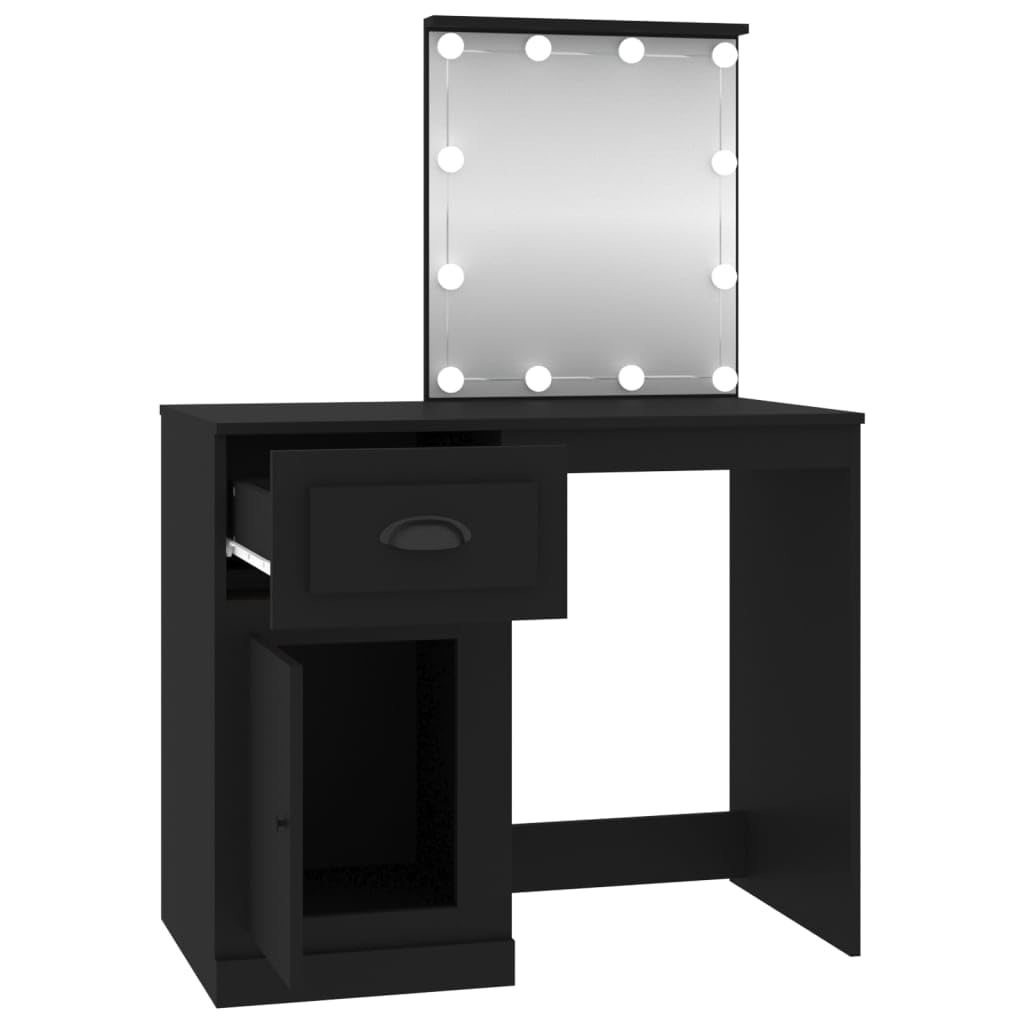 Toaletka czarna z oświetleniem LED, 90 x 50 x 132,5 cm, nowoczesne wzornictwo, duże lustro, dużo miejsca do przechowywania makijażu, materiał drewnopochodny, podświetlana toaletka do sypialni