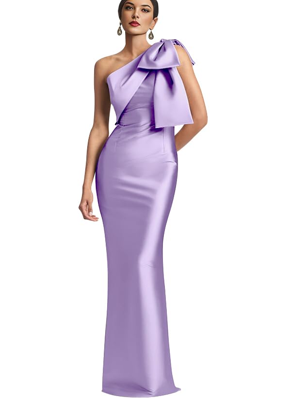 Image of IIF One Shoulder Bow Prom Dress for Women Mermaid Satin Formal Dresses Long Bodycon Evening Cocktail Gowns IIF043