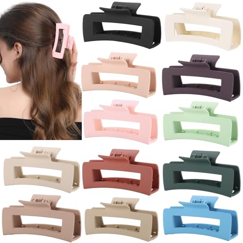 12 Pcs Neutral Square Hair Claw Clips – 4.3' Matte Finish Rectangle Claws for Women Thick & Thin...