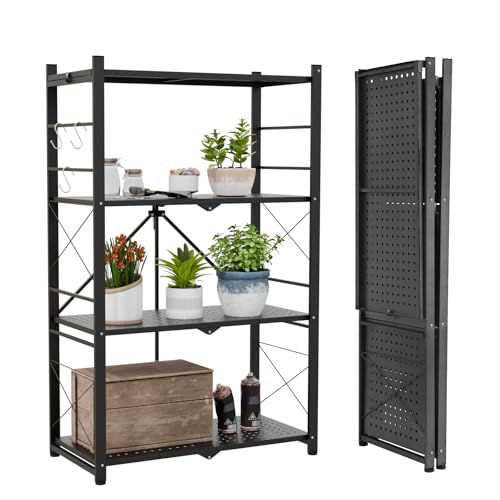 EAGLE PEAK 4-Tier Foldable Greenhouse Shelf, Heavy Duty Metal Storage Rack, No Assembly Steel Shelving Unit, Plant Stand for Greenhouse and Multi-Use Storage, 28”x14.6”x44.7”, 520 lbs, 1 Pack, Black