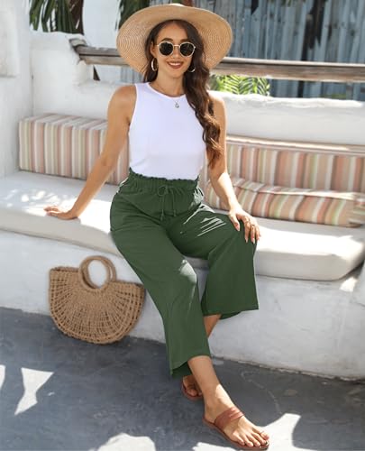 Image of siliteelon Wide Leg Linen Pants for Women Summer Capri Palazzo Flowy Pants Casual Loose High Waist Trousers with Pockets
