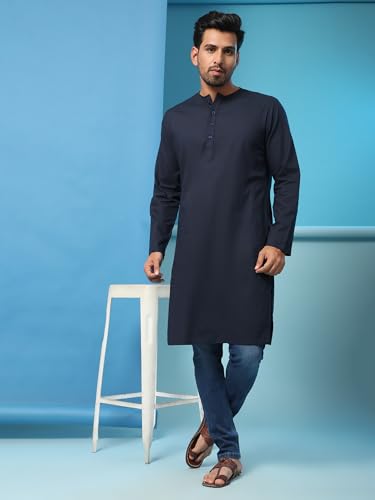 Image of Amazon Brand - Anarva Men's Cotton Solid Round Neck Kurta Long Sleeves Straight Knee Length Casual Shirt