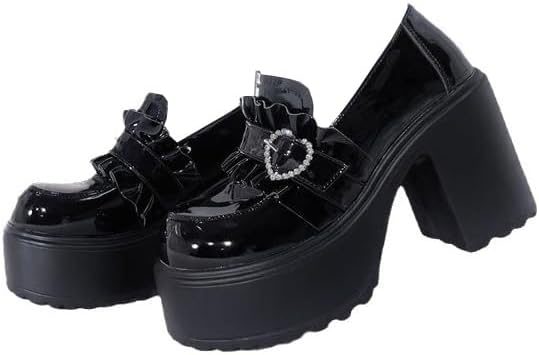 KTNCFD Jirai-kei Mass Production 3.1-inch 8cm Heel Height Increasing Thick Sole Pumps Lolita Womens Frills Subculture Gothic Lolita Lolita Shoes Enamel Platform Maid Shoes Comfortable Pain-free