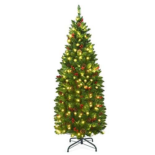 Goplus 4.5Ft Pre-Lit Pencil Christmas Tree With 150 Led Lights, Hinged Artificial Slim Xmas Tree W/ 452 Branch Tips, Premium Pvc Needles (4.5Ft) #TOP8