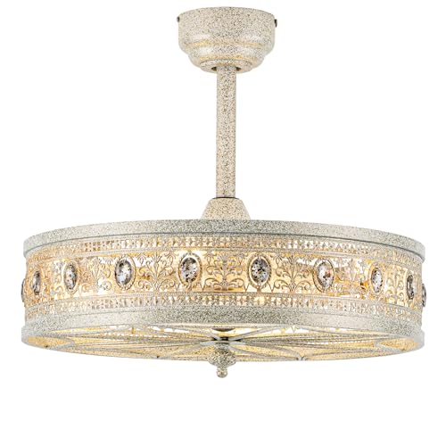 Art Deco Chandelier Ceiling Fan with Light,Antique Coastal Ornate Caged Bladeless Fandelier,Glam Statement Crystal Light Fixture,Hanging/Flush Mount for Bedroom,Dining Room,Living Room,Kitchen Island