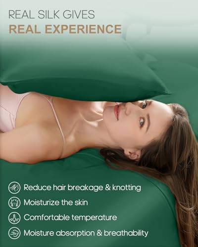 Image of THXSILK Set of 2 100% Pure Mulberry Silk Pillowcases for Hair and Skin, 6A+ Grade 22 Momme Silk Pillow Case Queen Size 20 inchx30 inch, Real Silk Pillowcases with Zipper (Emerald Green)