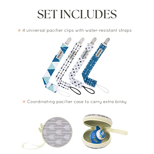 Image of Dodo Babies Pacifier Clip Set - Universal Holder & Pacifier Holder - Detachable Binky Case & Binky Clip - Durable Polyester Straps - 5-Piece Set, Blue /White /Grey Geo Prints