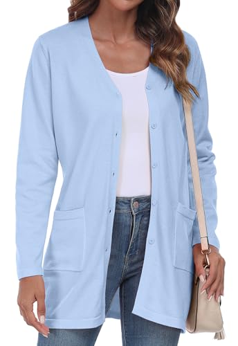 YUNDAI Women's Cardigans Open Front Lightweight Knitted Solid Color Long Cardigan for Women UK Long Sleeve Button Down Loose Sweater with Pockets