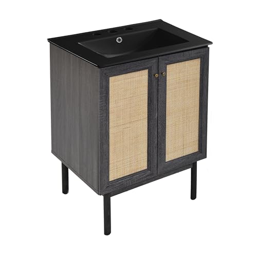 Image of Swiss Madison Classe 24 in. Black Oak Bathroom Vanity with Black, 3-Hole Ceramic Sink Top