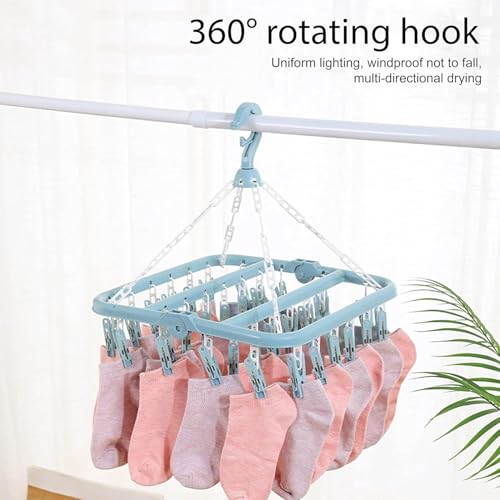 JUNEYEHX Clothes Drying Hanger with 32 Clips and Drip Foldable Hanging Sock Rack (blue) - Image 6