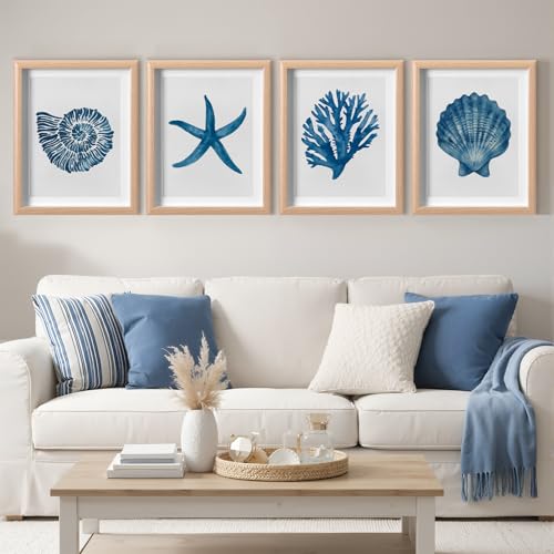 Memorywuu 4 Pack Framed Coastal Wall Art Set, Seashell Starfish Coral Conch Prints with Wooden Frame Beach Nautical Wall Decor for Home Bathroom Living Room Bedroom, 10.5 x 8.5 Inch