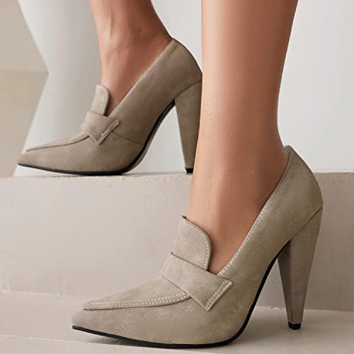 LEHOOR Women High Cone Heel Loafers Pointed Toe Suede Loafer Pumps 4 inch Chunky Heels Slip On Oxford Loafers Shoes Heeled Closed Toe Office Ladies Dress Heels Classic Comfort 4-10 M US4