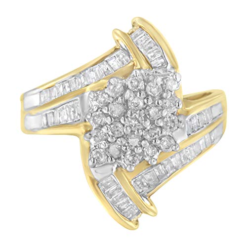 Original Classics 10K Yellow Gold Round and Baguette-Cut Diamond Bypass Cluster Ring (1.0 Cttw, I-J Color, I1-I2 Clarity) - Size 7
