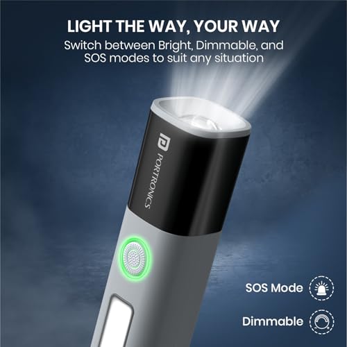 Image of Portronics Eco Glow 2 Tactical Rechargeable Flashlight Torch for Car & Road Emergencies, Adjustable Focus with Telescopic Zoom, Dual Brightness & SOS Modes, 1200mAh Battery for Camping & Hiking