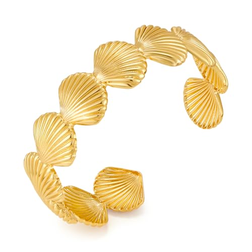 WOWORAMA Gold Shell Cuff Bracelets for Women - Trendy Boho Open Cuff Bangles Vintage Statement Bangle Bracelet Irregular Gold Arm Cuffs