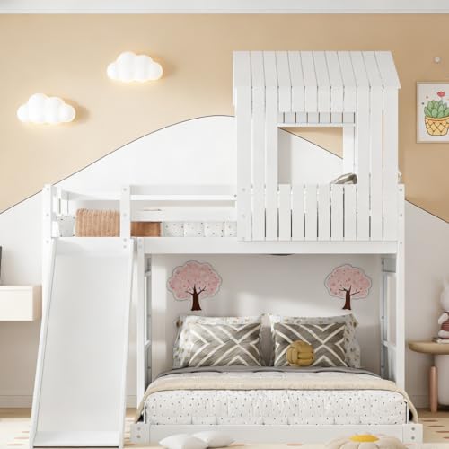 Image of Bellemave Bunk beds Twin Over Full with Slide,Ladders,House roof Design, Low bunk /loft Bed for Kids,White
